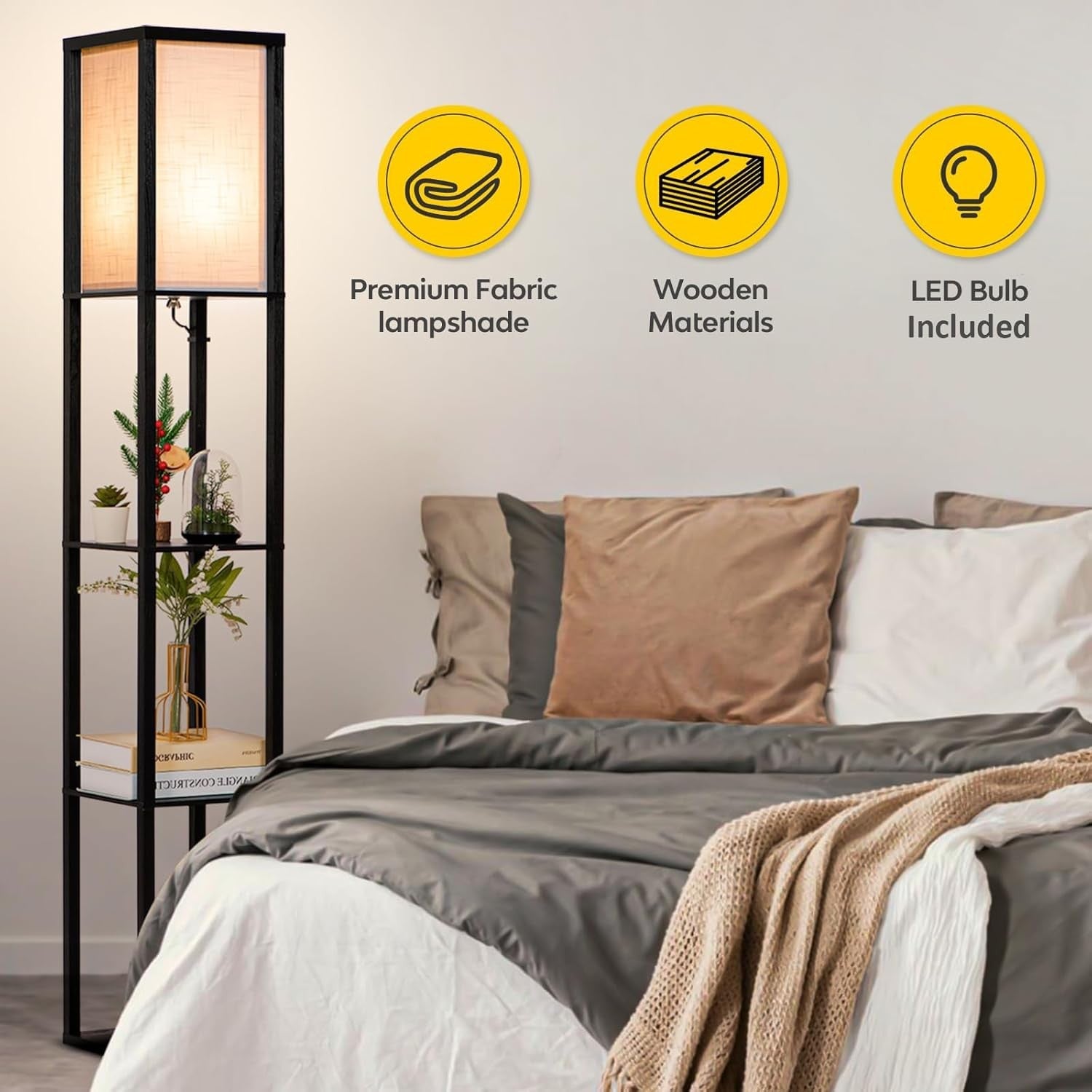 Floor Lamp with Shelves Wooden Standing LED Light Storage Display Black