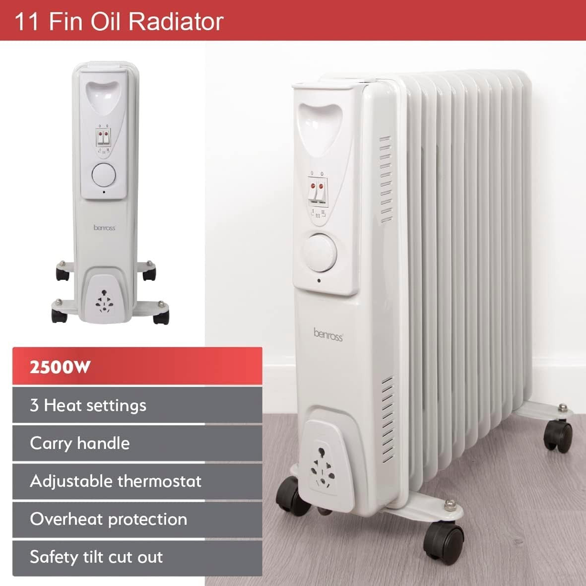 Portable 11-Fin Oil Filled Radiator 2500W Adjustable Thermostat White