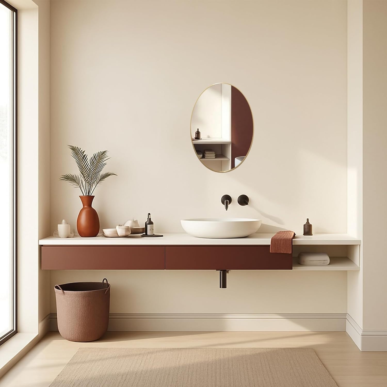Stylish Oval Gold Bathroom Mirror 70x50 cm, Modern Framed Wall Mount
