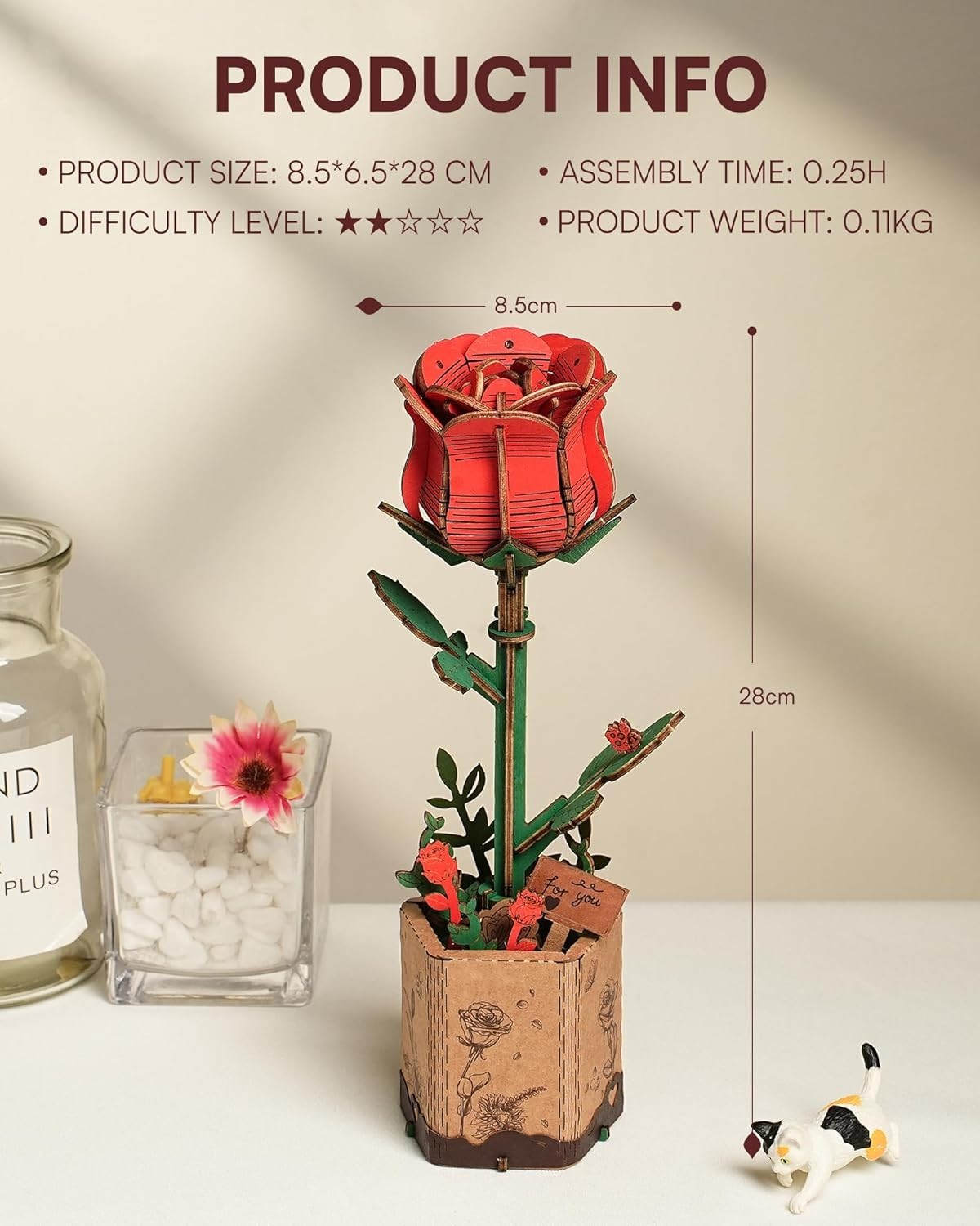 3D Wooden Rose Puzzle DIY Flower Kit Gift for Adults – Home Decor Craft