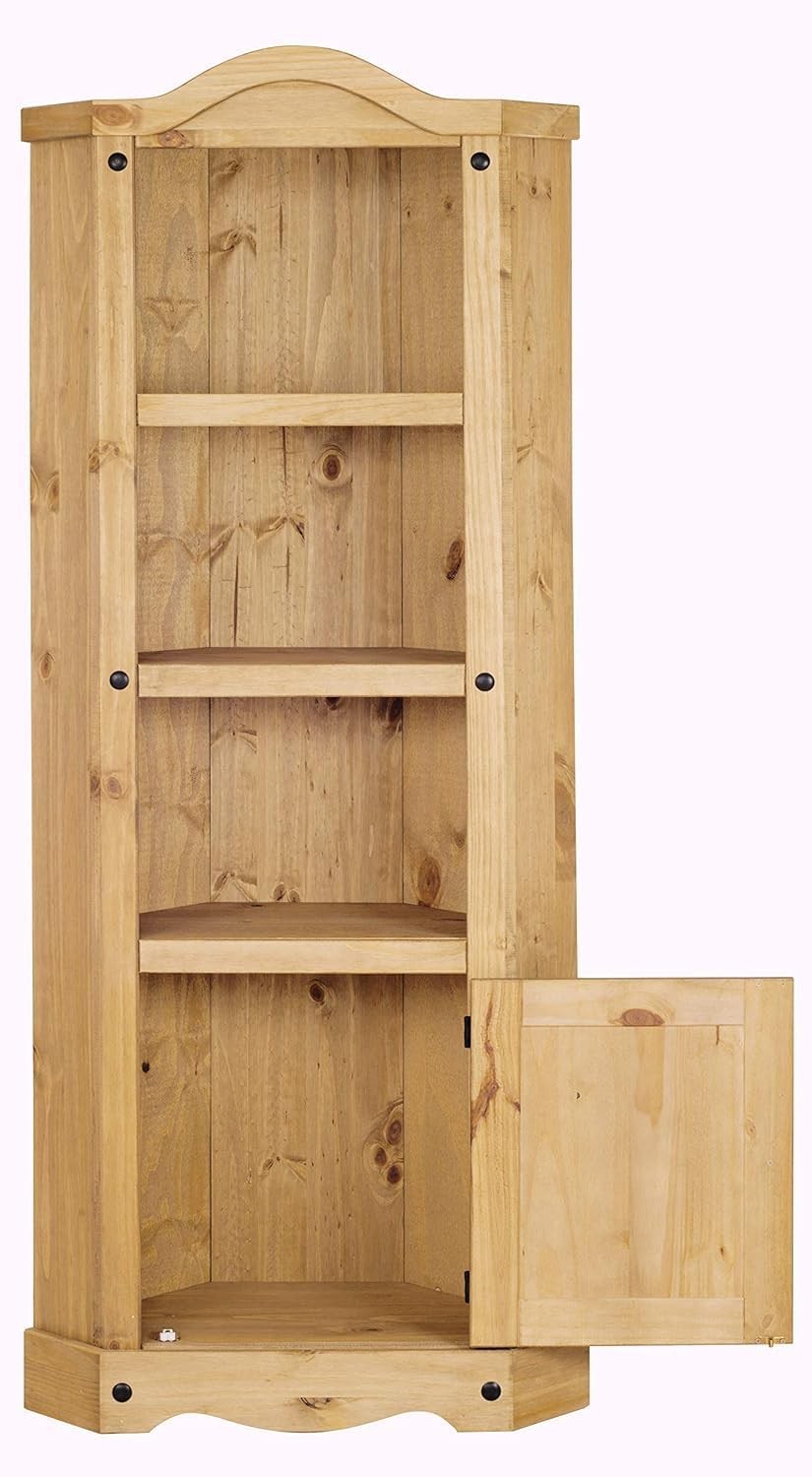 Solid Pine Corner Display Cabinet Rustic Tall Bookcase Unit with Door & Shelves