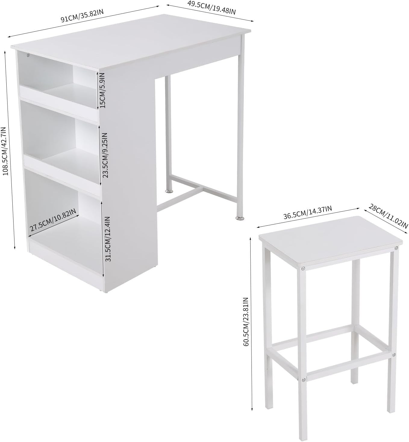 Compact Bar Table & 2 Stools Set with 3-Tier Storage White 91x49.5cm