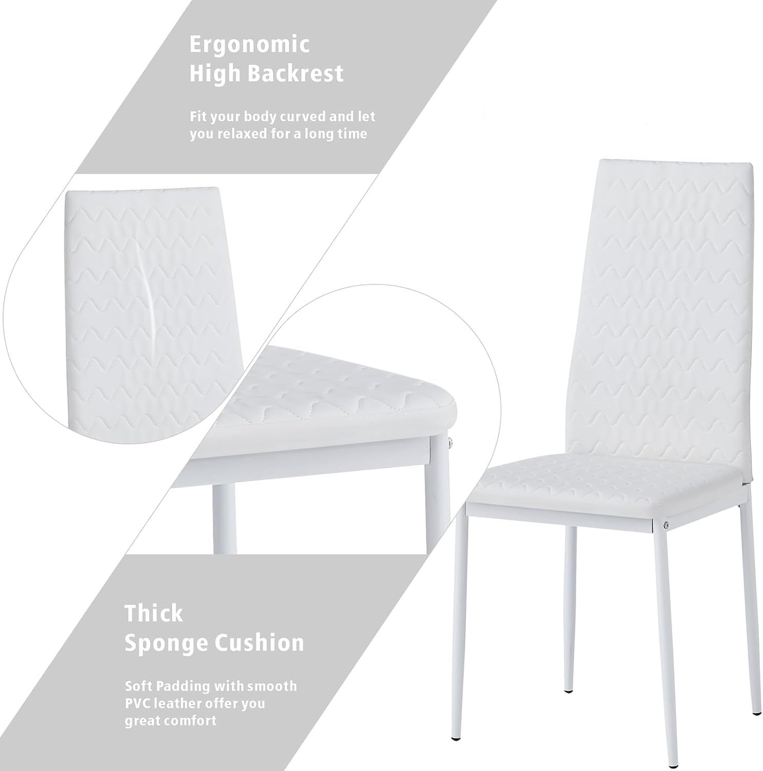 5PC White Marble Dining Set Glass Table with Faux Leather Chairs Compact