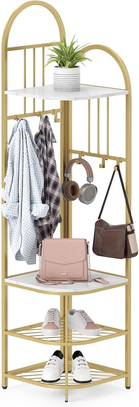 White Gold Corner Coat Rack 4-Tier Hall Tree with Shoe Bench & 6 Hooks