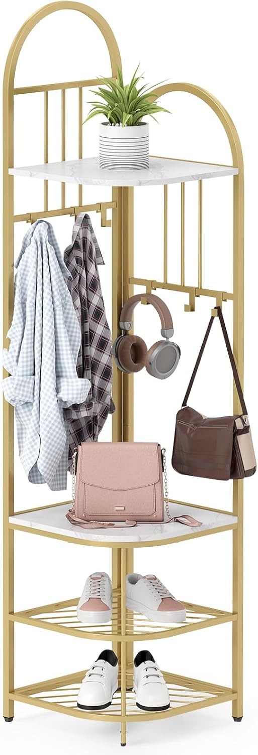 White Gold Corner Coat Rack 4-Tier Hall Tree with Shoe Bench & 6 Hooks
