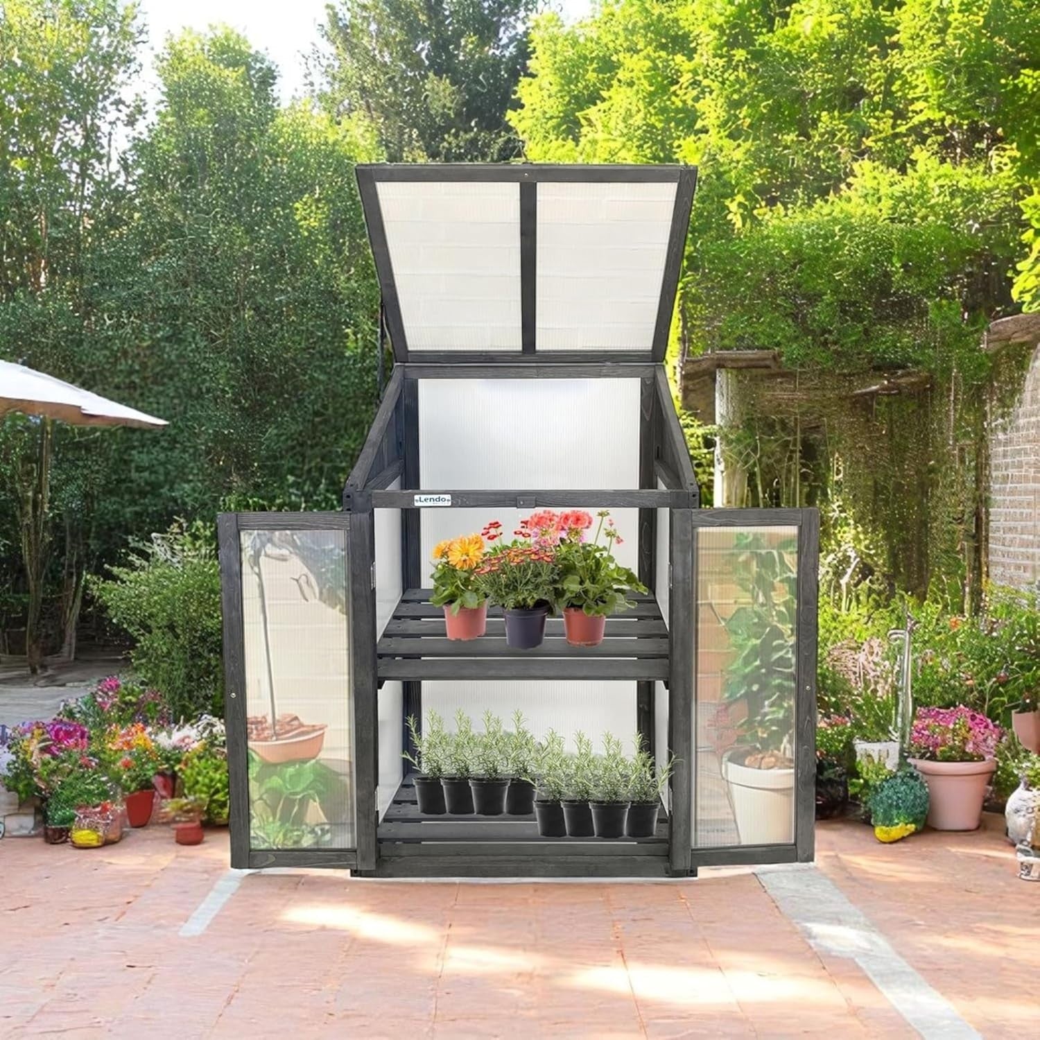 3 Tier Wooden Greenhouse Grey Cold Frame with Double Doors & Skylight