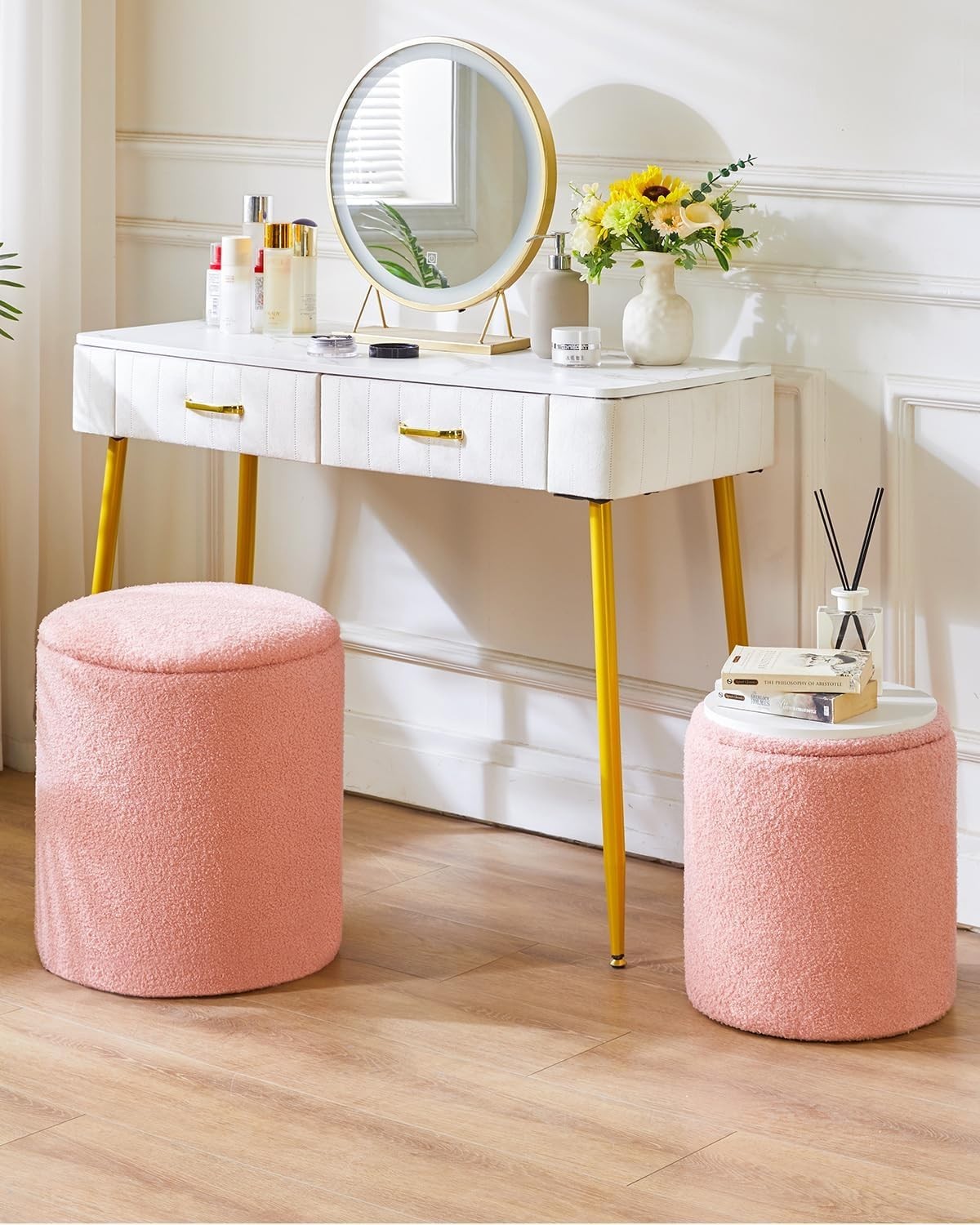 Set of 2 Round Storage Ottomans – Fleece Vanity Stools, Footrest & Side Tables