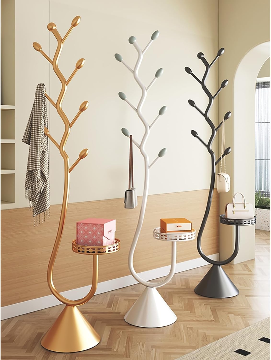 White Metal Coat Rack Stand with 8 Hooks Tray | Modern Hall Tree 171cm