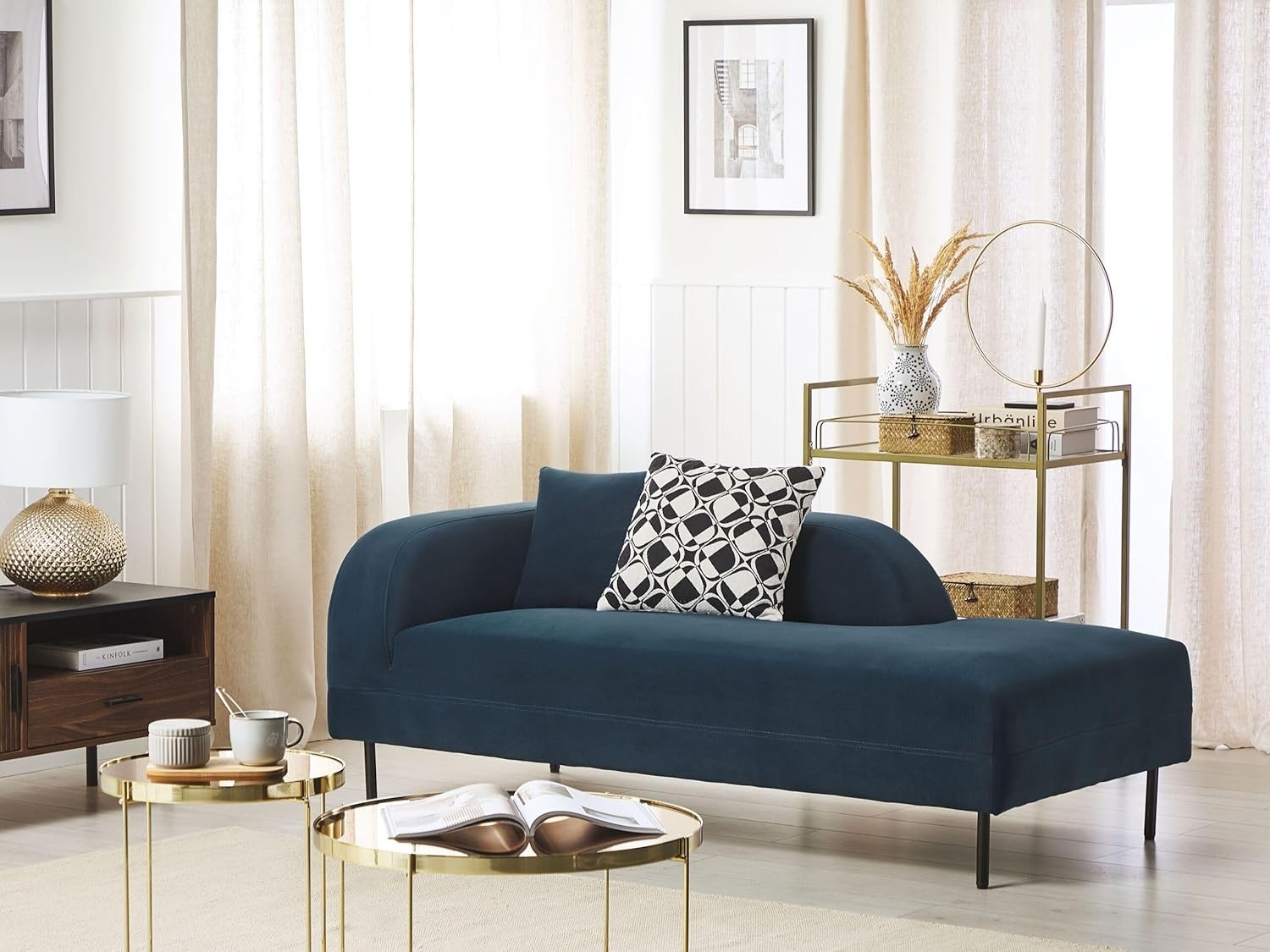 Soft Velvet Left Hand Chaise Lounge Navy Blue Retro Style with Cushion & Metal