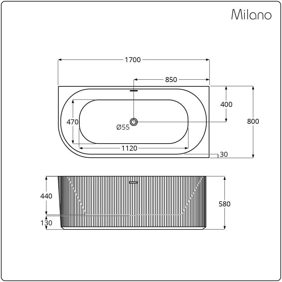 White Right Hand Fluted Corner Bath 1700x800mm Black Overflow