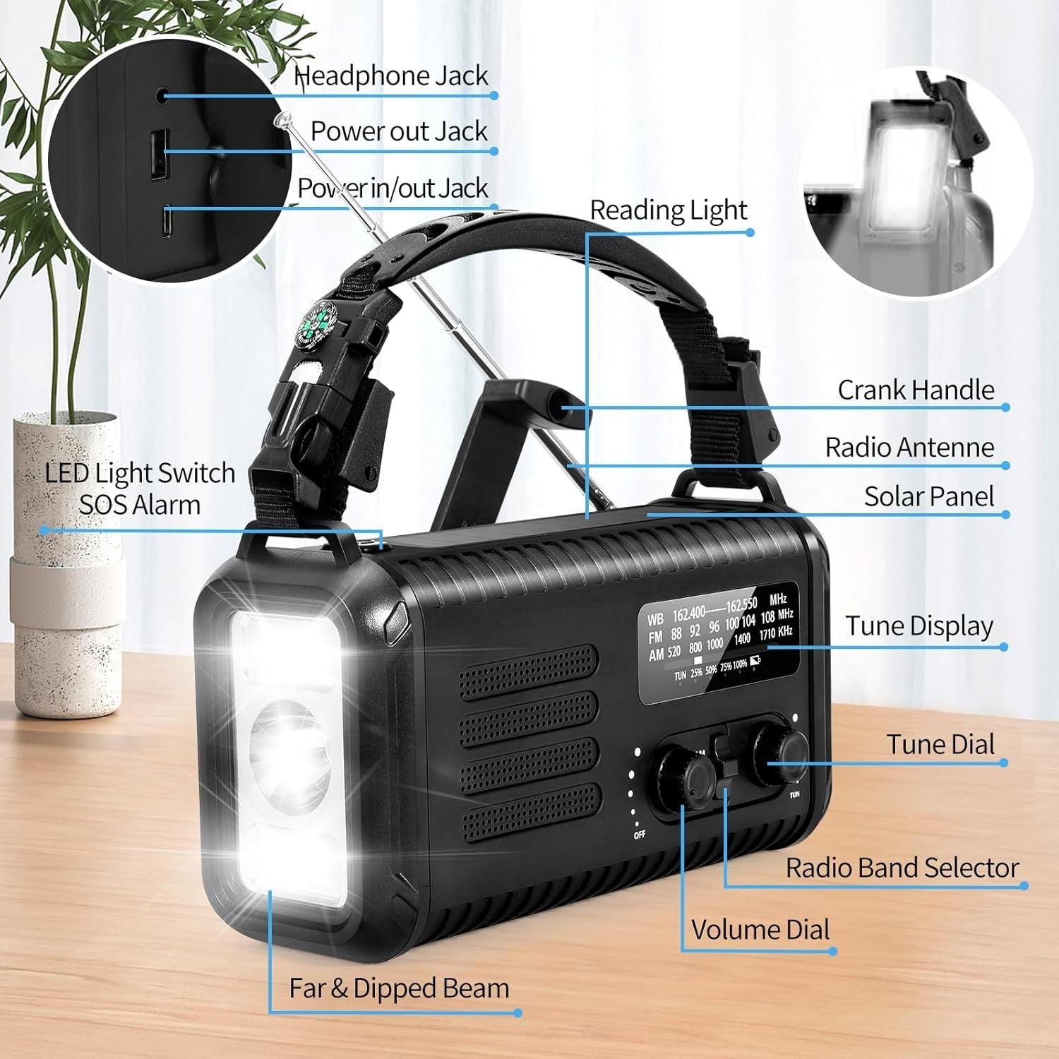 Wind Up Solar Emergency Radio 20000mAh AM/FM NOAA SOS Torch Black