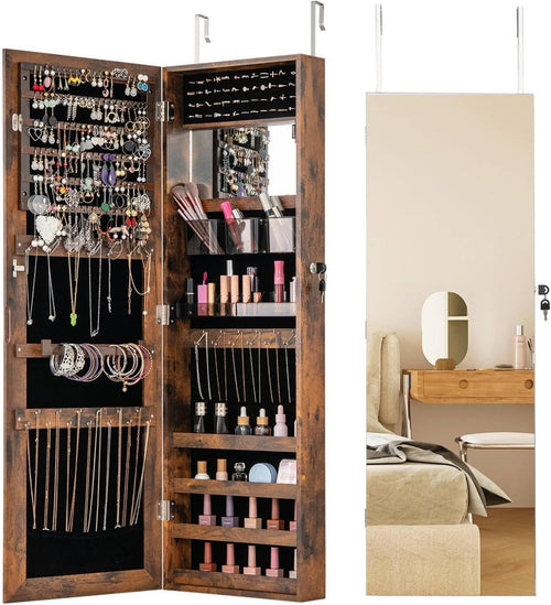 Rustic Brown Mirrored Jewelry Cabinet Wall Mount Lockable Slim Storage