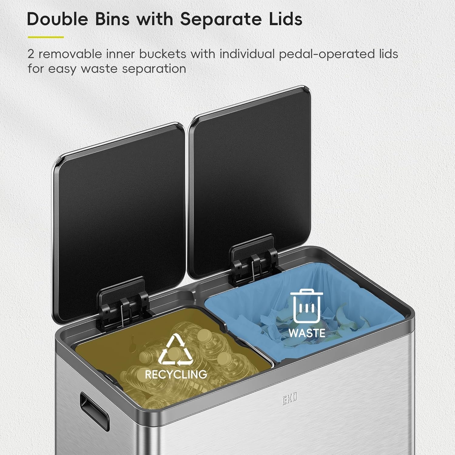 60L Dual Recycling Kitchen Bin 30L+30L Matt Black Pedal