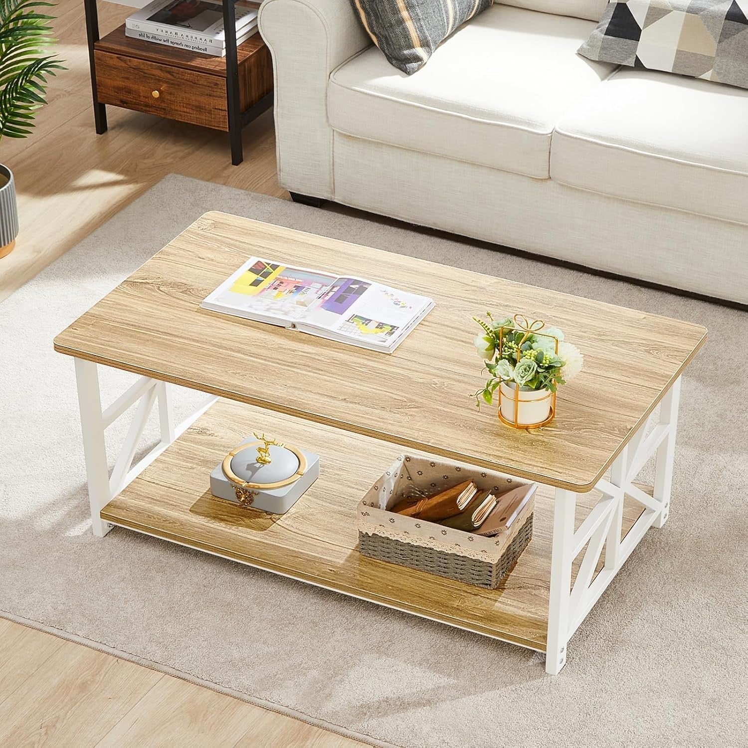 2-Tier Beige Coffee Table with X-Frame, Rounded Corners, 100cm Storage