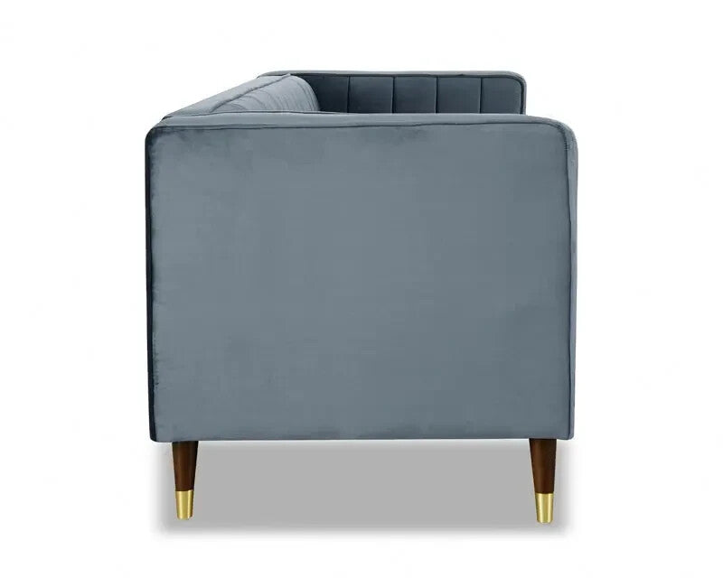 Grey Velvet 3 Seater Sofa Ribbed Back Gold Tip Legs High Arm Modern Couch