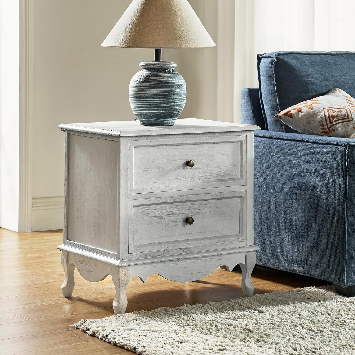White Wooden Bedside Table with 2 Drawers – Elegant French Country Nightstand