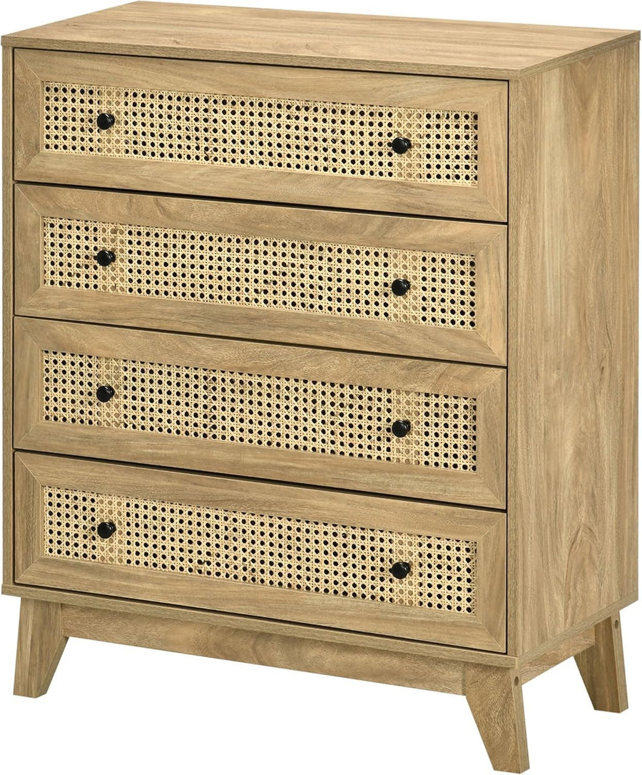 Rustic 4-Drawer Storage Chest with Rattan Panels Bedroom Organizer Unit