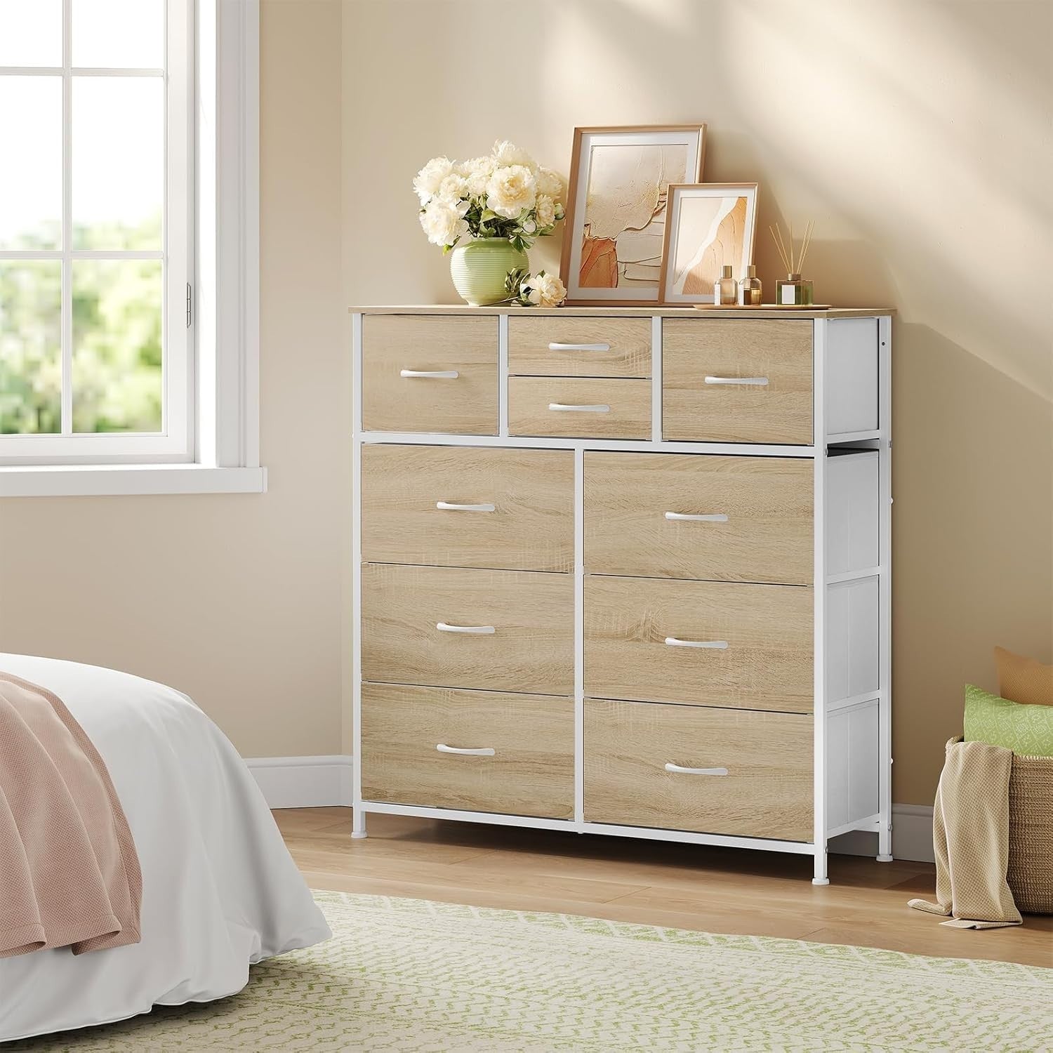 Tall Chest of Drawers 10 Fabric Storage Unit Light Oak White Metal Frame