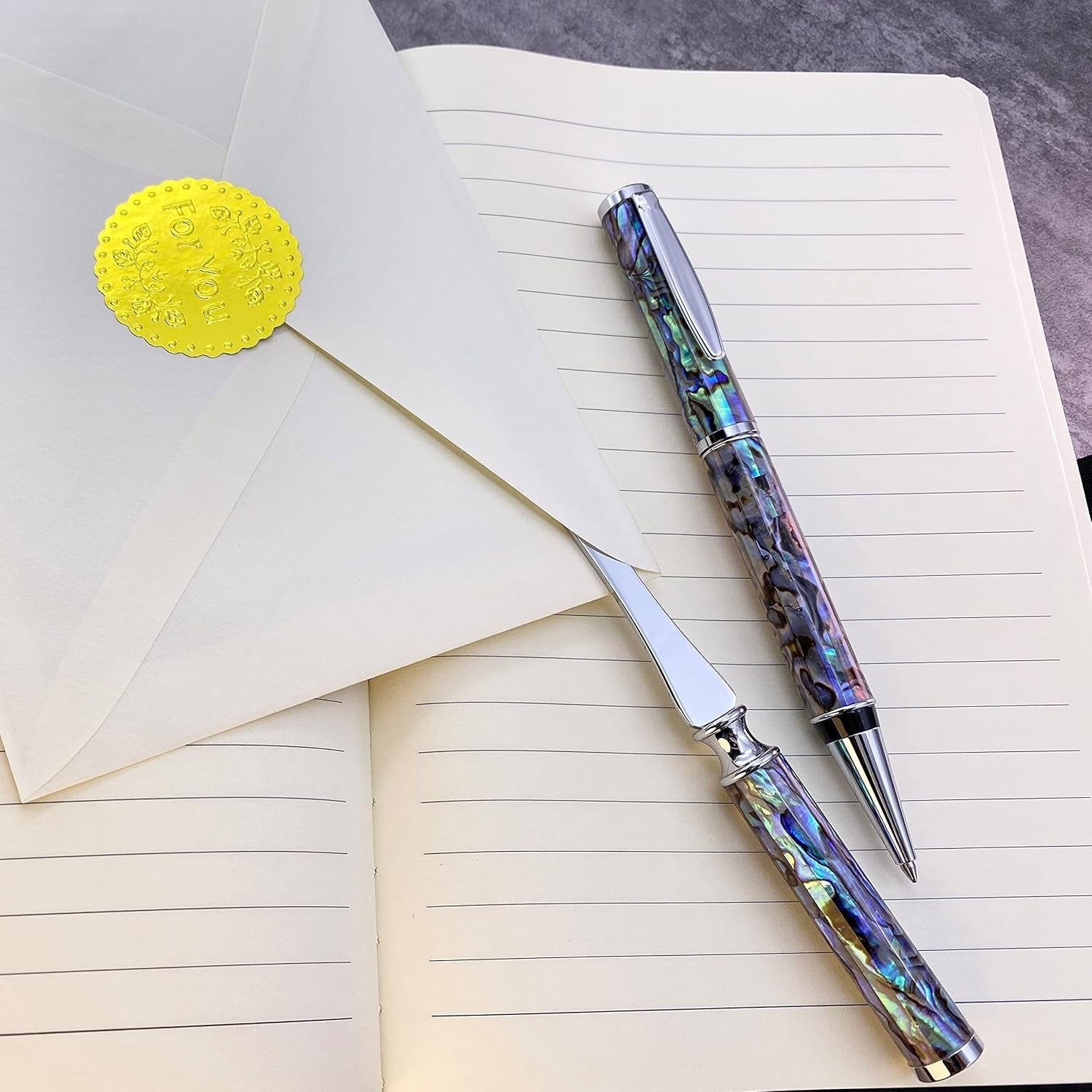 Luxury Blue Abalone Shell Ballpoint Pen & Letter Opener Gift Set