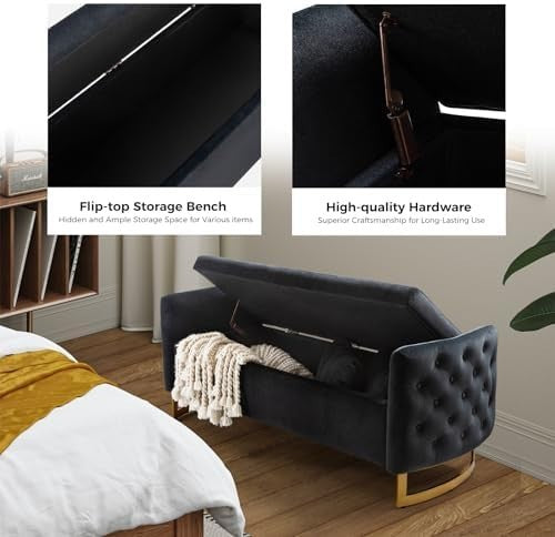 Large Storage Ottoman Bench w/ Pillows Modern Upholstered Metal Leg Seat