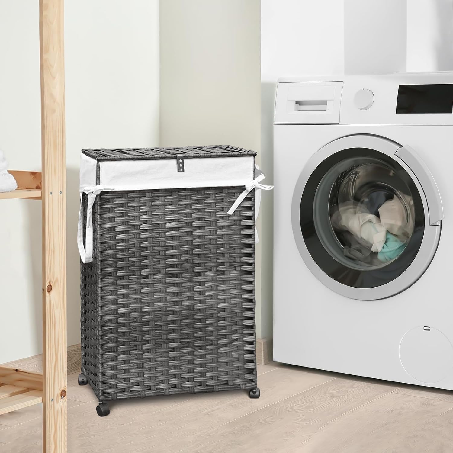70L Slim Rattan Laundry Hamper Grey with Wheels 2 Liner Bags Tall Basket