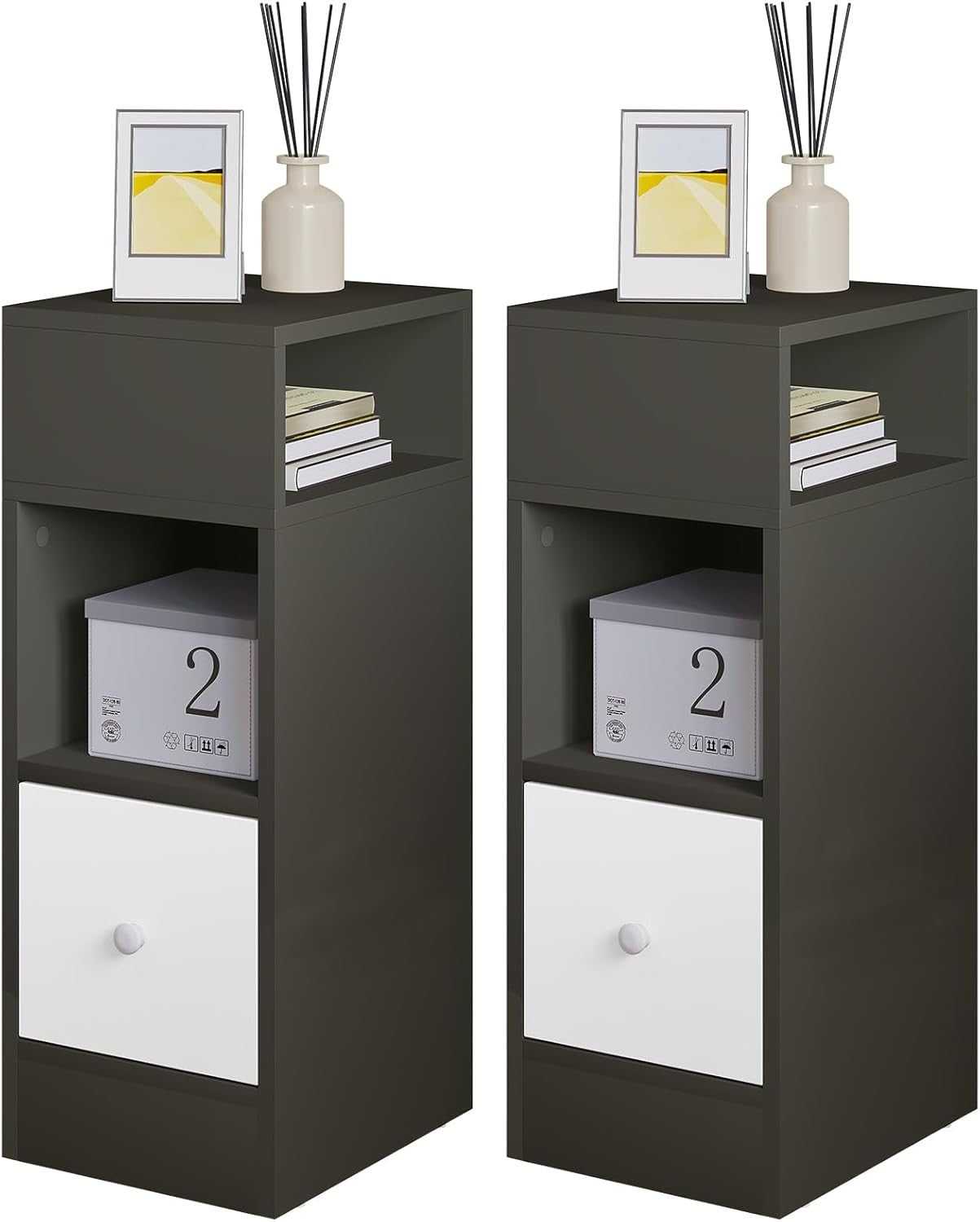 Set of 2 Slim Dark Grey Bedside Tables with Drawer & Open Shelves 25x30x66cm