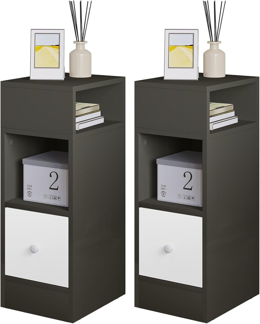 Set of 2 Slim Dark Grey Bedside Tables with Drawer & Open Shelves 25x30x66cm
