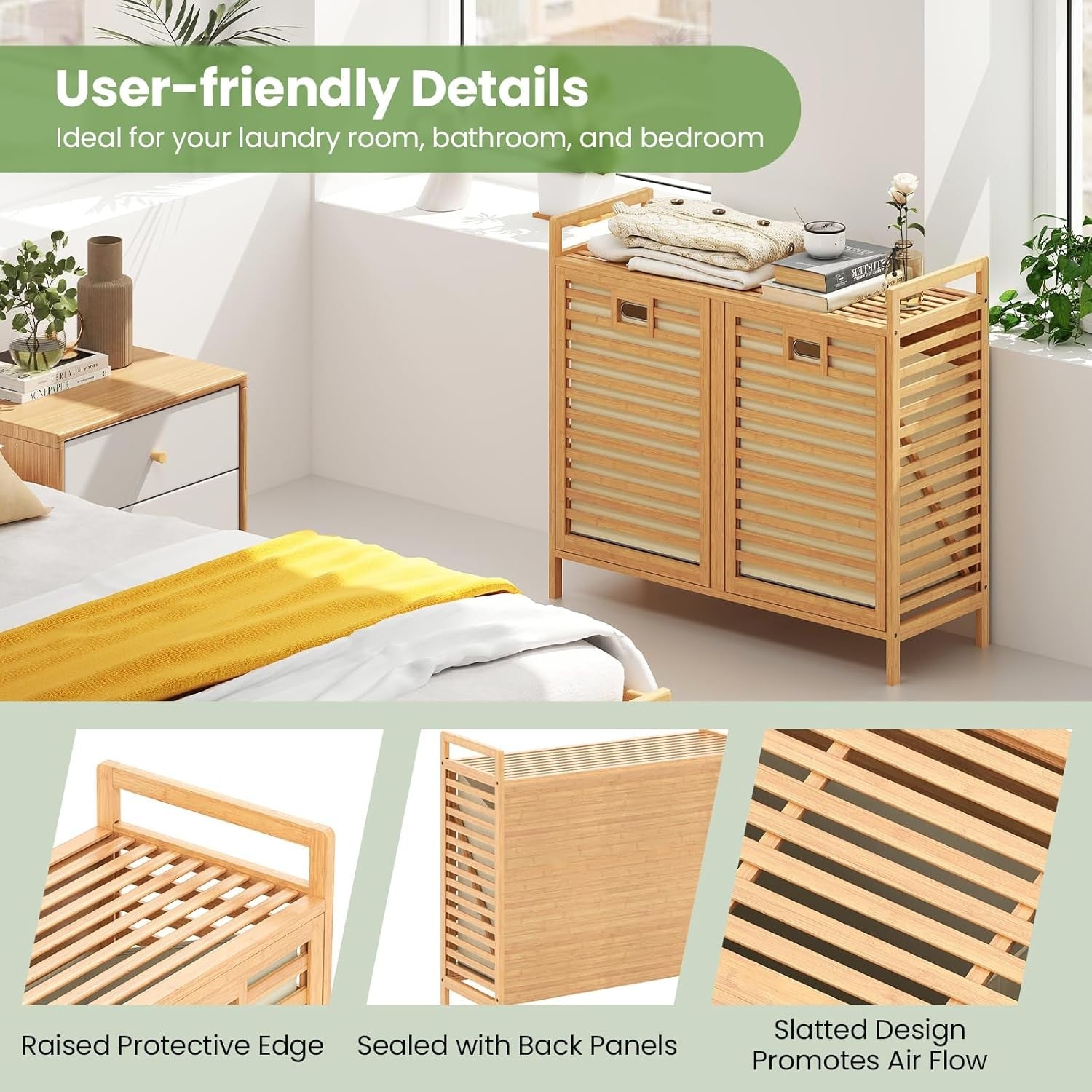 Bamboo 2 Compartment Tilt Out Laundry Hamper Cabinet with Shelves 80x30x72cm