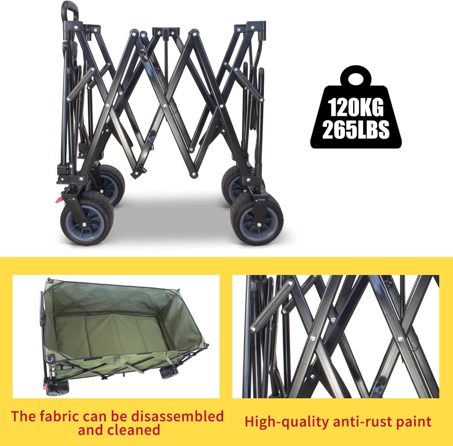 445L Extra Large Folding Wagon Heavy Duty All-Terrain Cart w/ Brakes Green