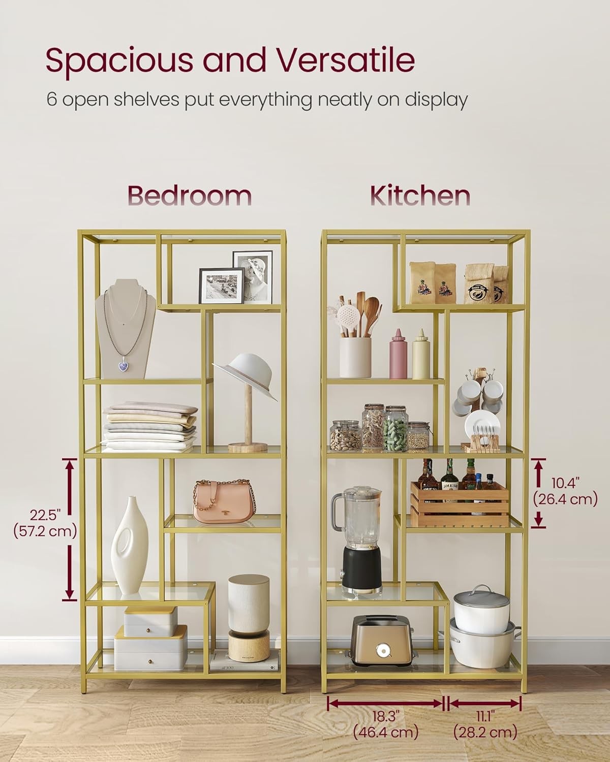 6-Tier Gold Glass Bookcase | Modern Display Shelf Unit for Living Room Office