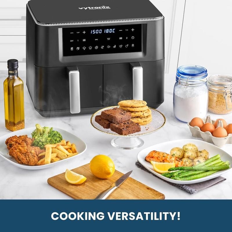 9L Dual Drawer Air Fryer 2400W 11 Presets Touch Sync Cook Oil-Free Family Size