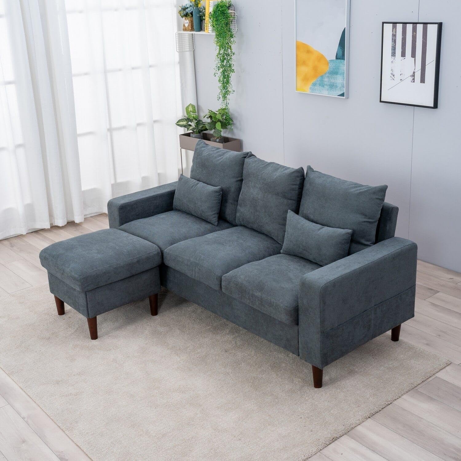 3 Seater Sofa Bed Grey with Footstool Linen Fabric L-Shape for Lounge Home