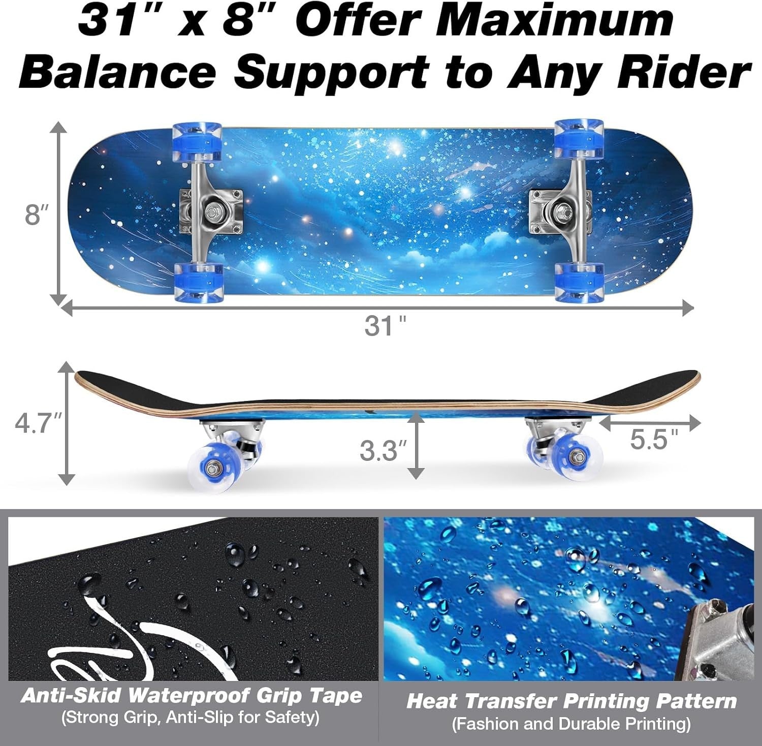31x8 Complete Skateboard Maple Deck Double Kick Kids Teen Adult Galaxy Blue