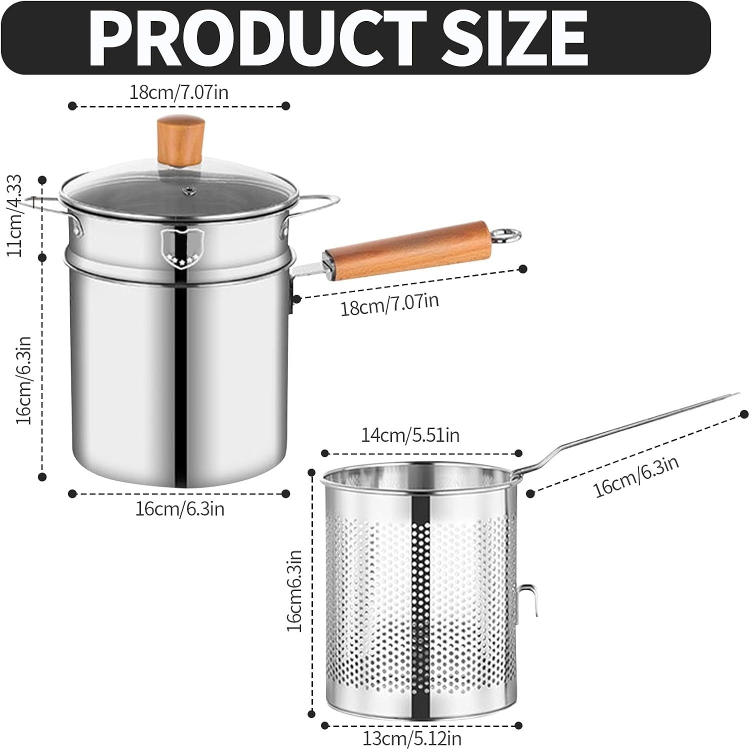 304 Stainless Steel Deep Fat Fryer Pot Set With Basket Lid Steamer