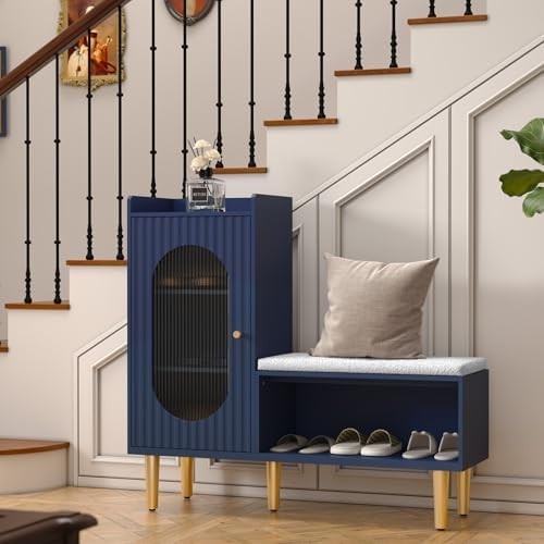 L-Shaped Shoe Storage Bench with Cushion Glass Doors 100×30×92 cm
