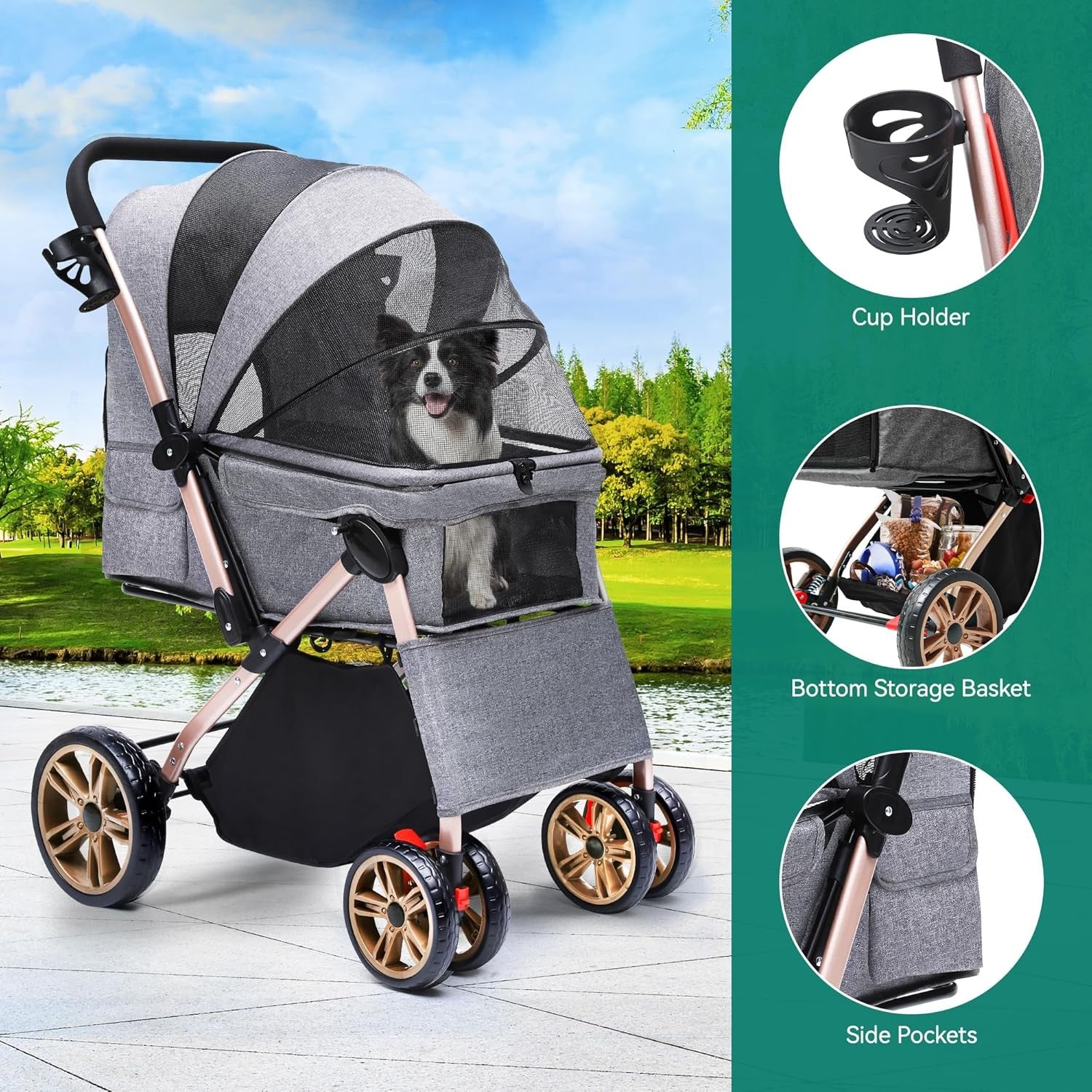 Dog Stroller Reversible Handle Foldable Pet Pushchair 4 Wheel Travel