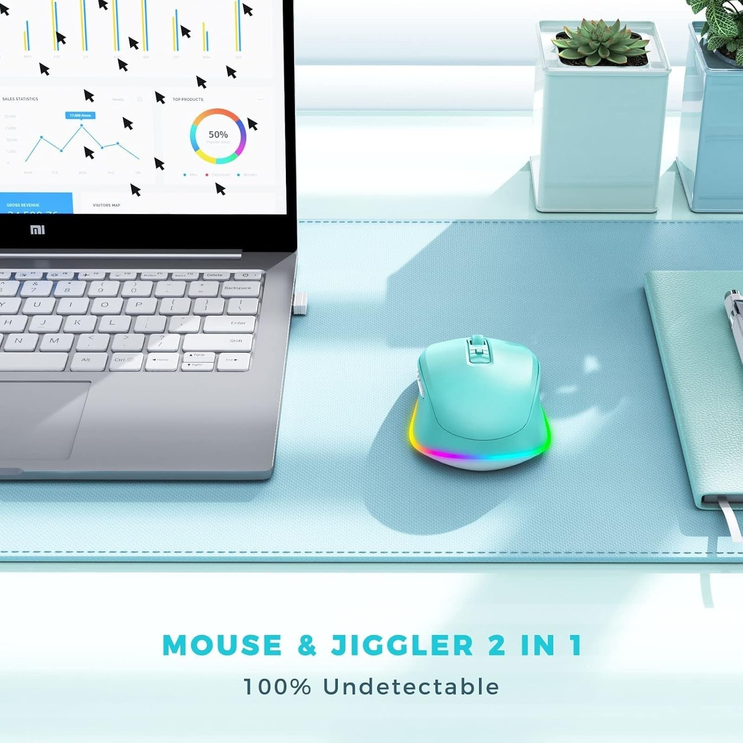 LED Wireless Mouse Rechargeable Silent USB Jiggler Green RGB