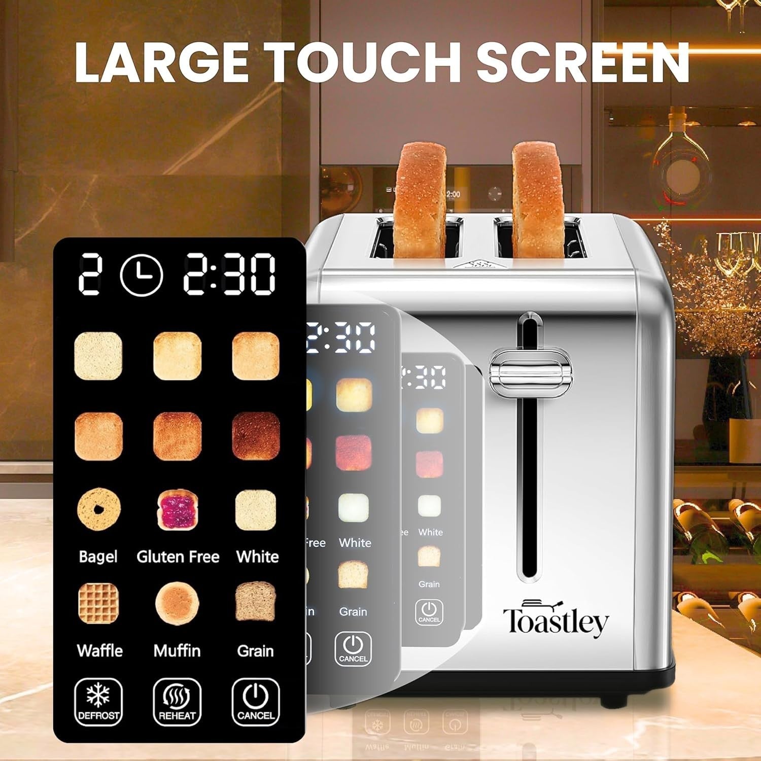 Smart Touchscreen Toaster 2 Slice Wide Slot Timer Reheat Defrost Auto-Off