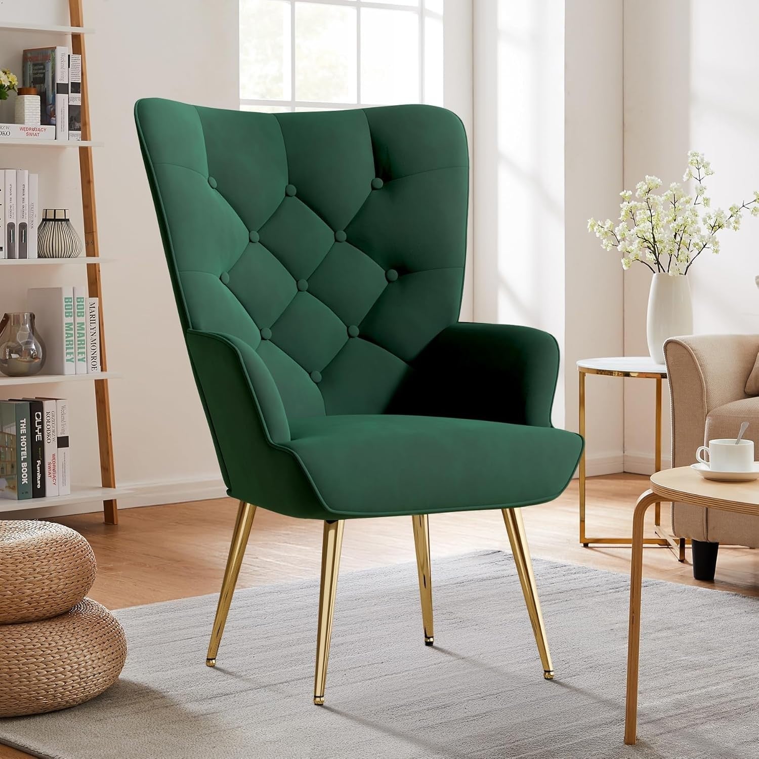 Velvet Wingback Armchair High Back Gold Legs Comfy Lounge Chair Green