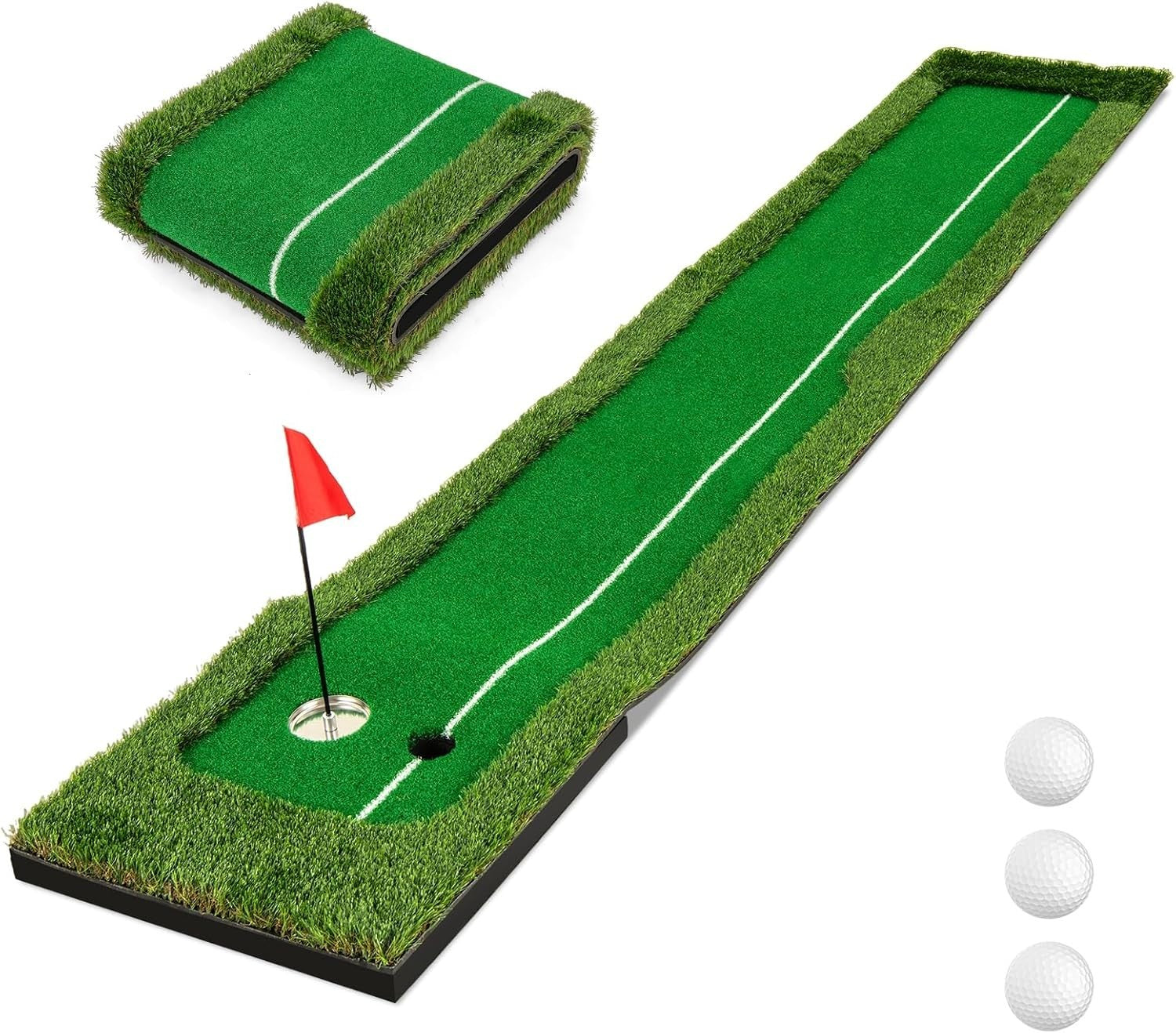 Golf Putting Green Mat 10ft Indoor Outdoor Practice Trainer 2 Holes Balls