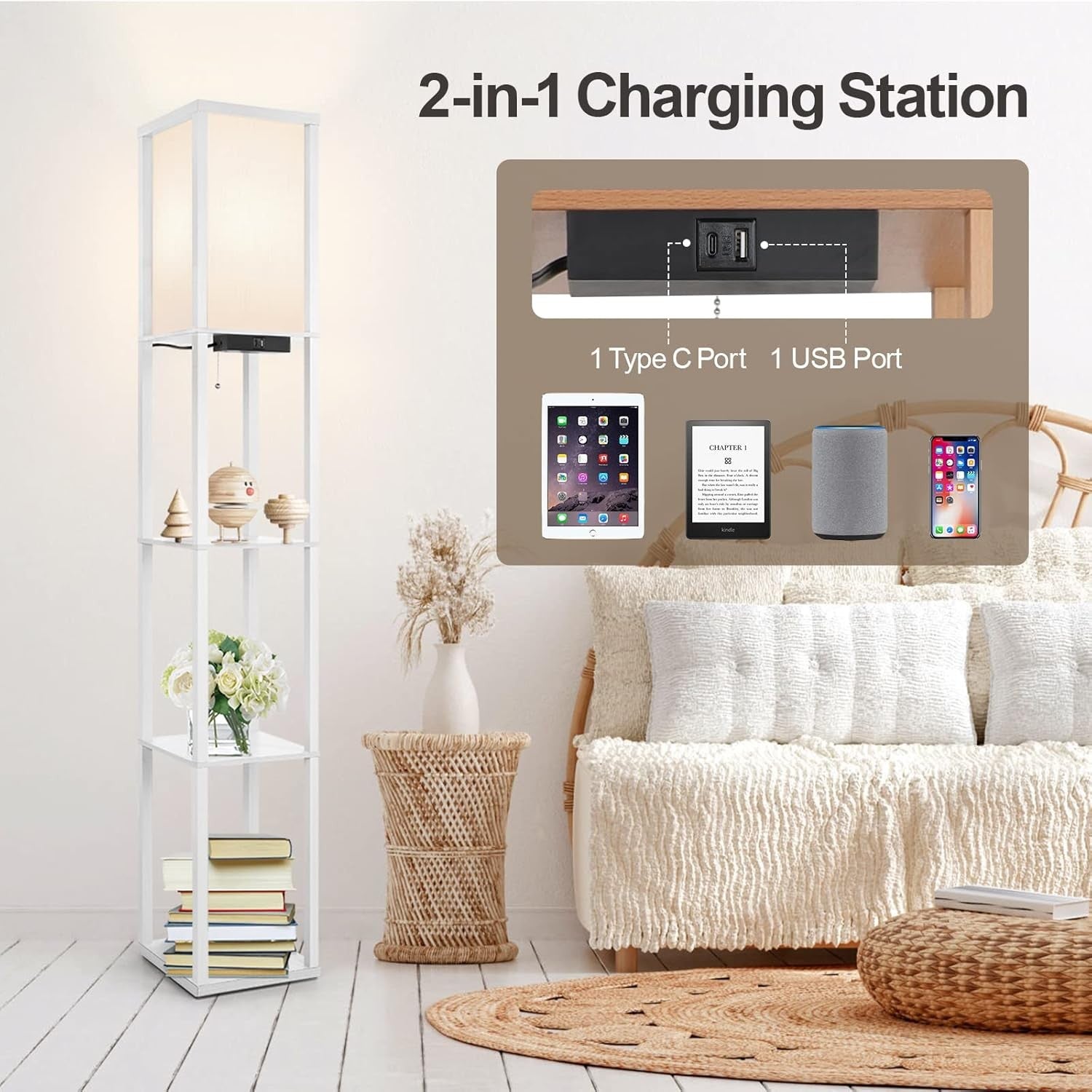 Floor Lamp with Shelves Remote USB LED Dimmable Standing Storage Light