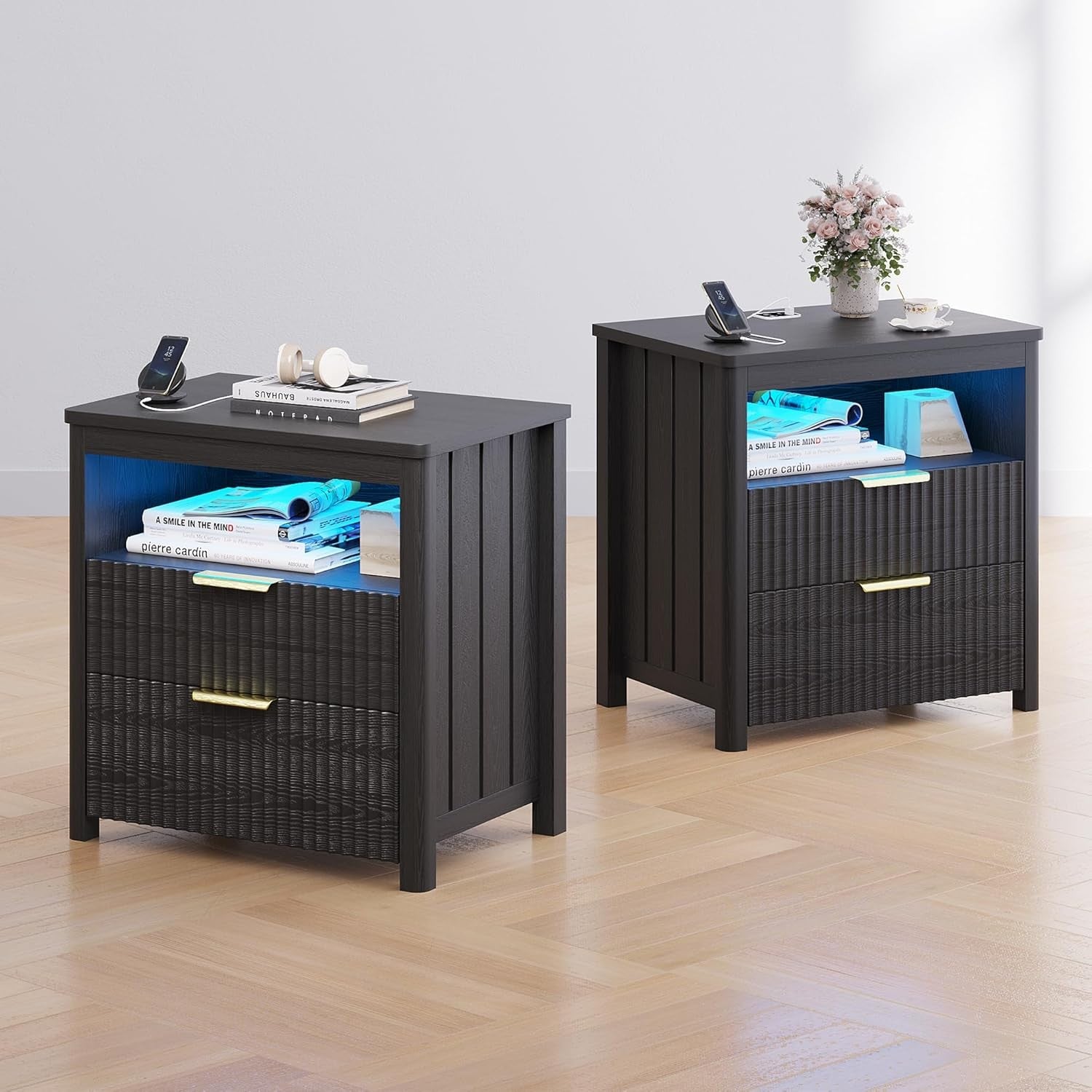 Set of 2 Black 24" Smart Bedside Tables with Charging Station, LED & 3 Drawers