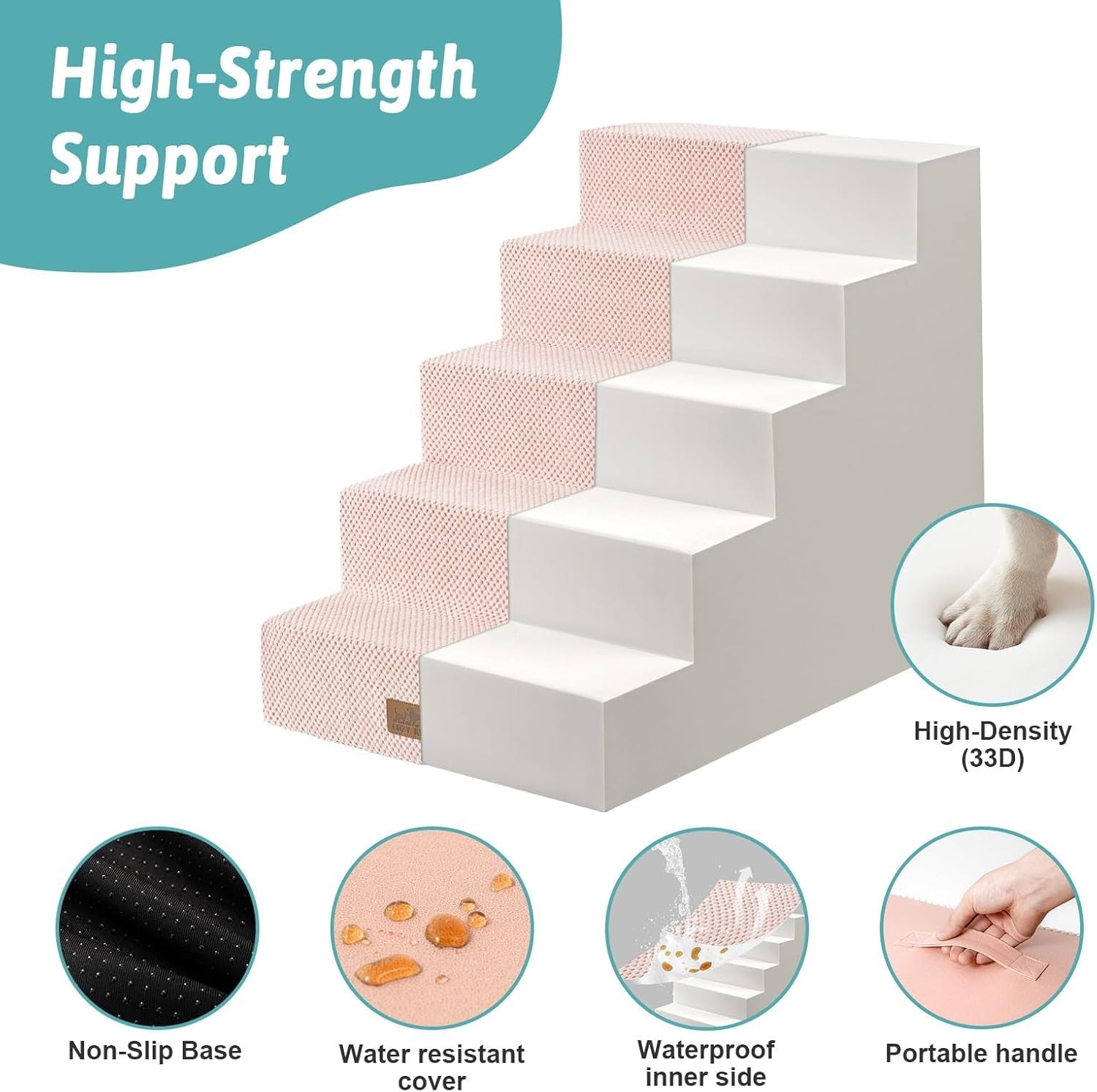 Wide Dog Stairs Non-Slip Pet Steps for Small Dogs Cats Puppy 50x75x60cm Pink
