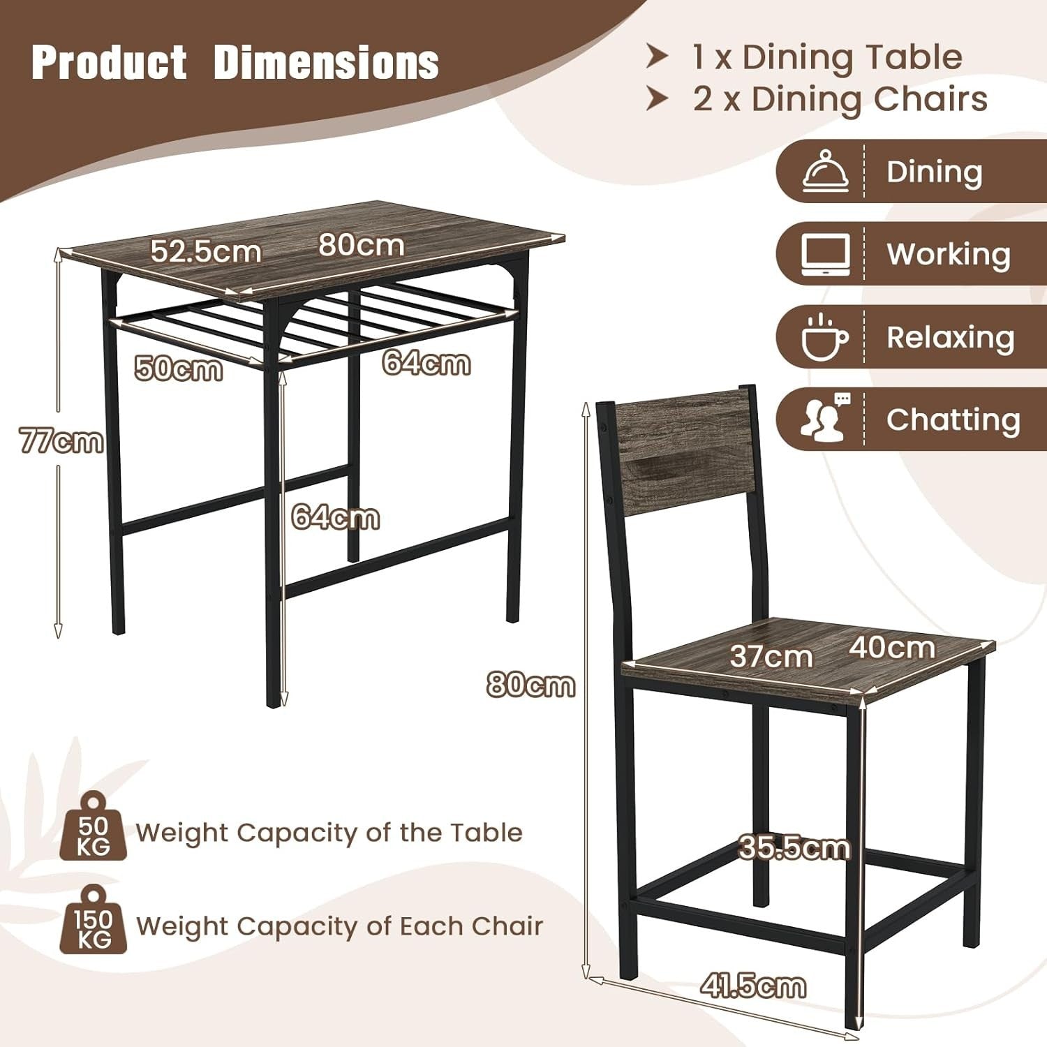 Grey 3-Piece Dining Table Set with 2 Chairs & Storage Rack Kitchen Bistro