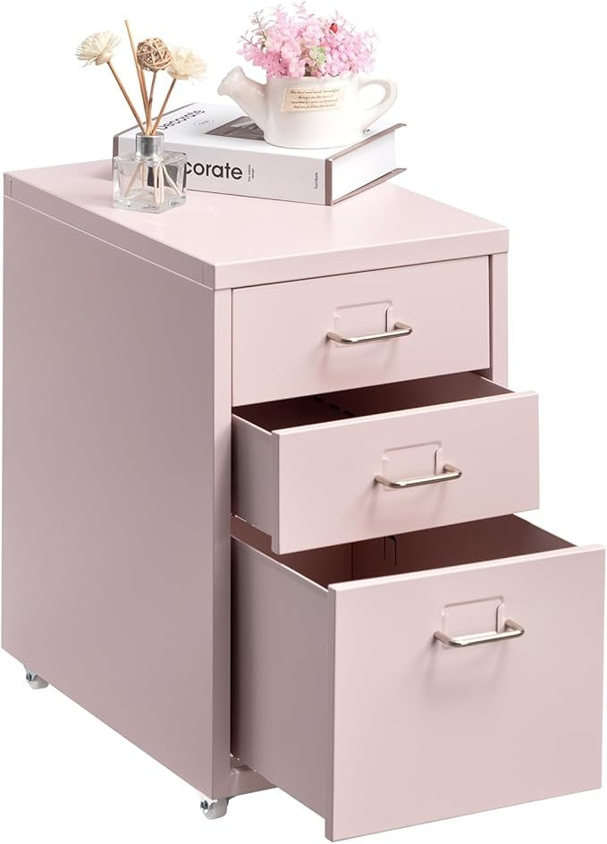 3 Drawer Metal File Cabinet with Wheels Under Desk Office Storage Unit, Rolling