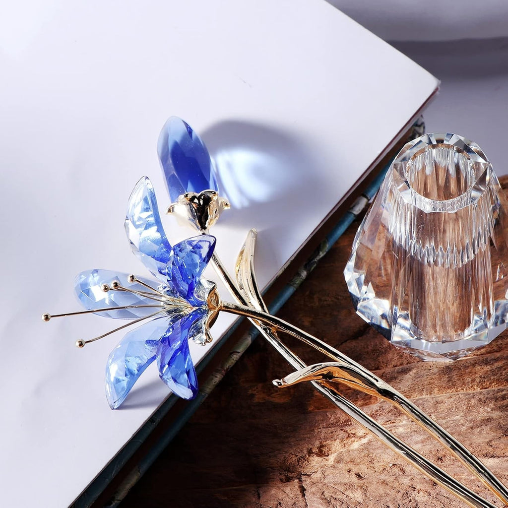 Crystal Lily Flower Ornament Blue • Luxury Glass Vase Figurine • Elegant Floral