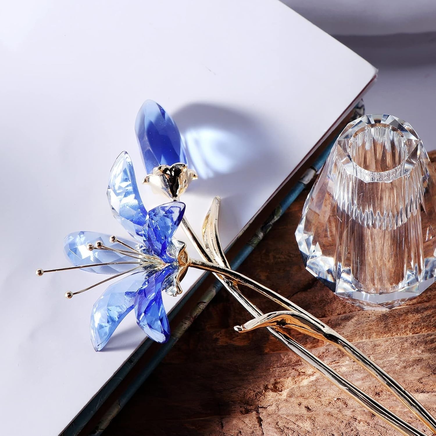 Crystal Lily Flower Ornament Blue • Luxury Glass Vase Figurine • Elegant Floral