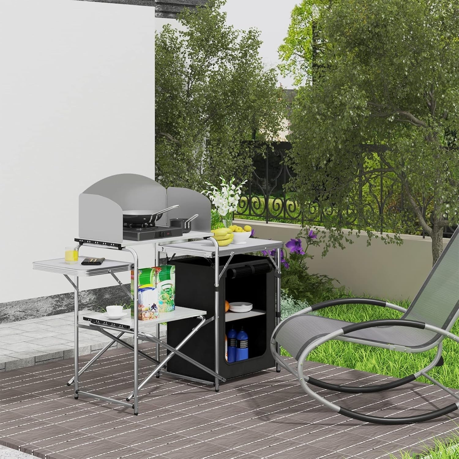 Folding Camping Kitchen Table | BBQ Cooking Unit with Cupboards & Bag