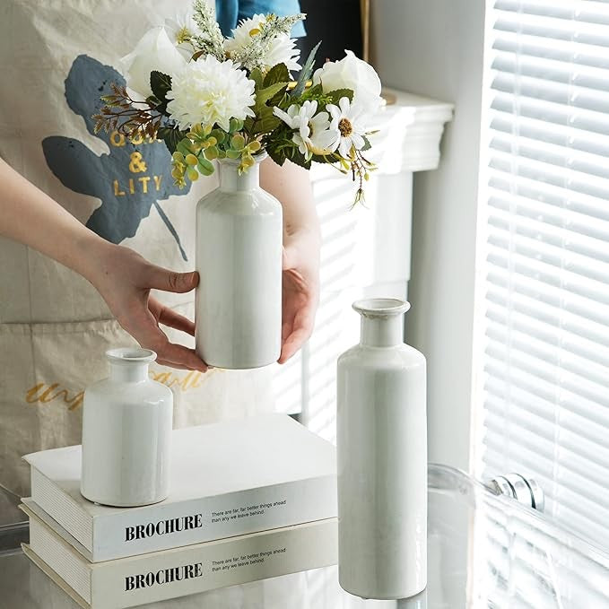 White Ceramic Vase Set Modern Minimalist Bottle Vases for Home Decor
