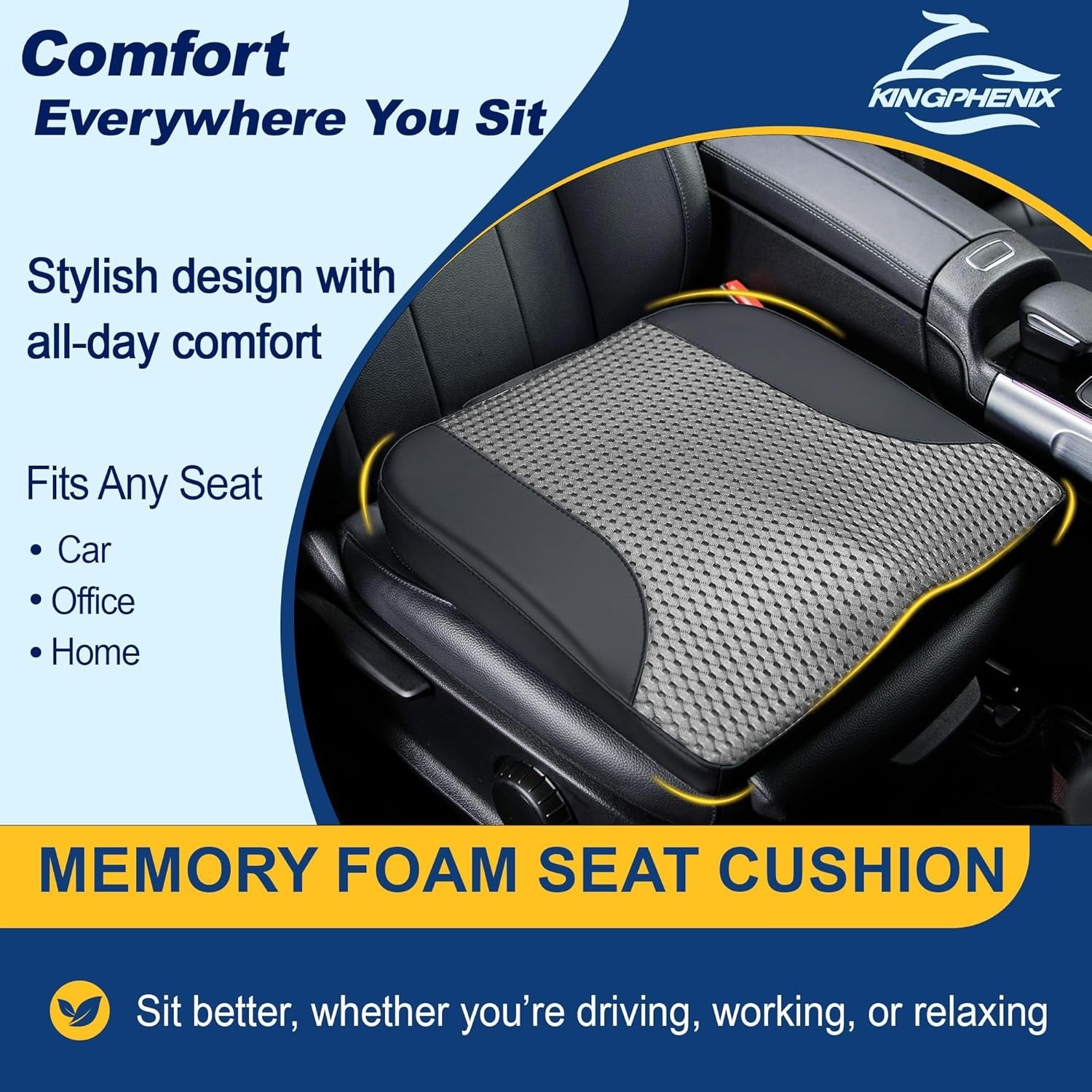 Memory Foam Car Seat Cushion Height Booster Coccyx Back Pain Relief